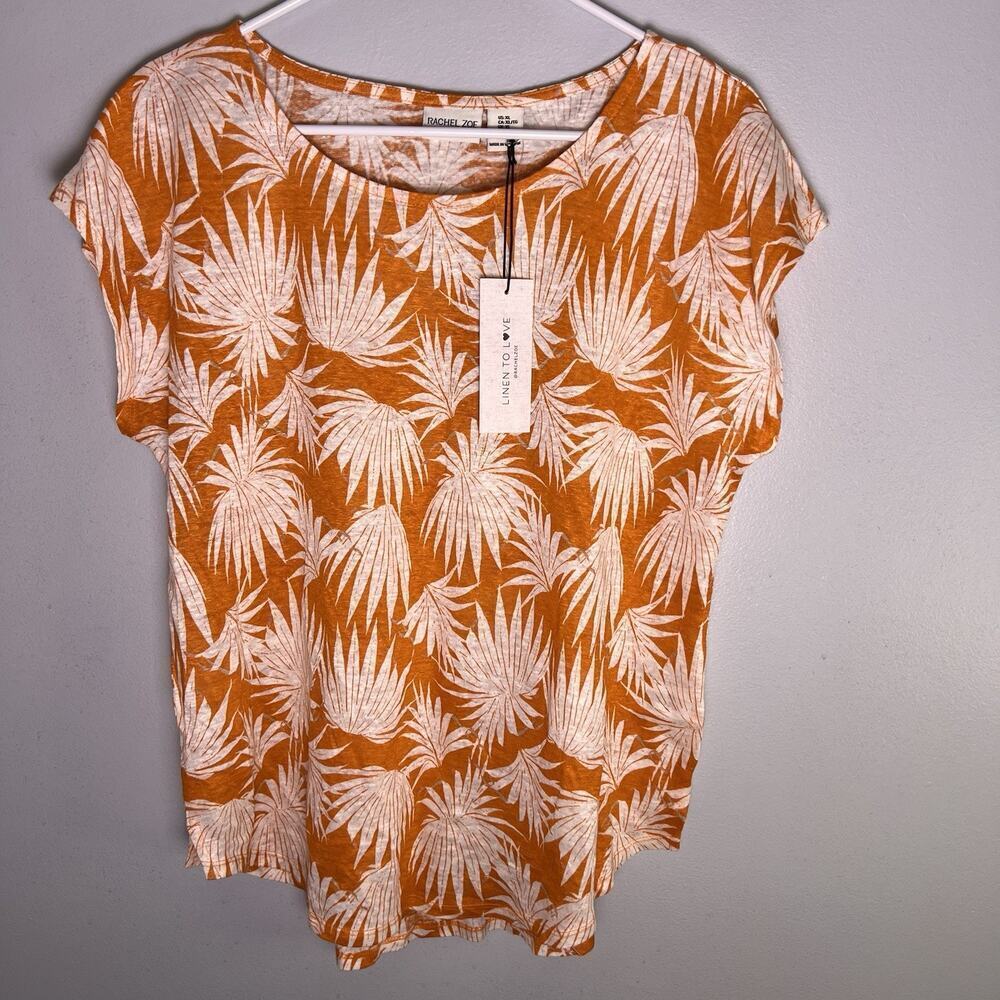 NWT Rachel Zoe Womens Linen Leaf Print Cap Sleeve Tee Sz XL Orange Beach Resort